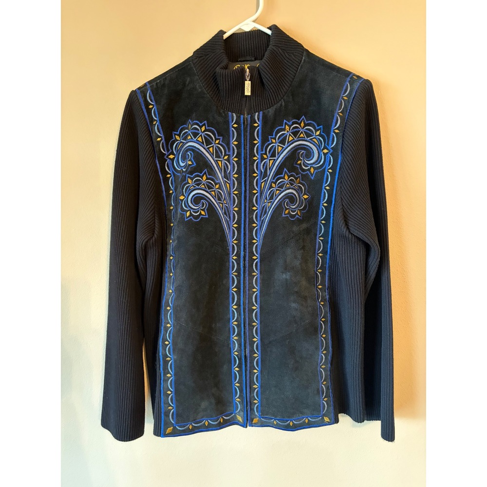 Bob Mackie Wearable Art Black Suede Knit Embroidered Jacket Vintage A64804 M